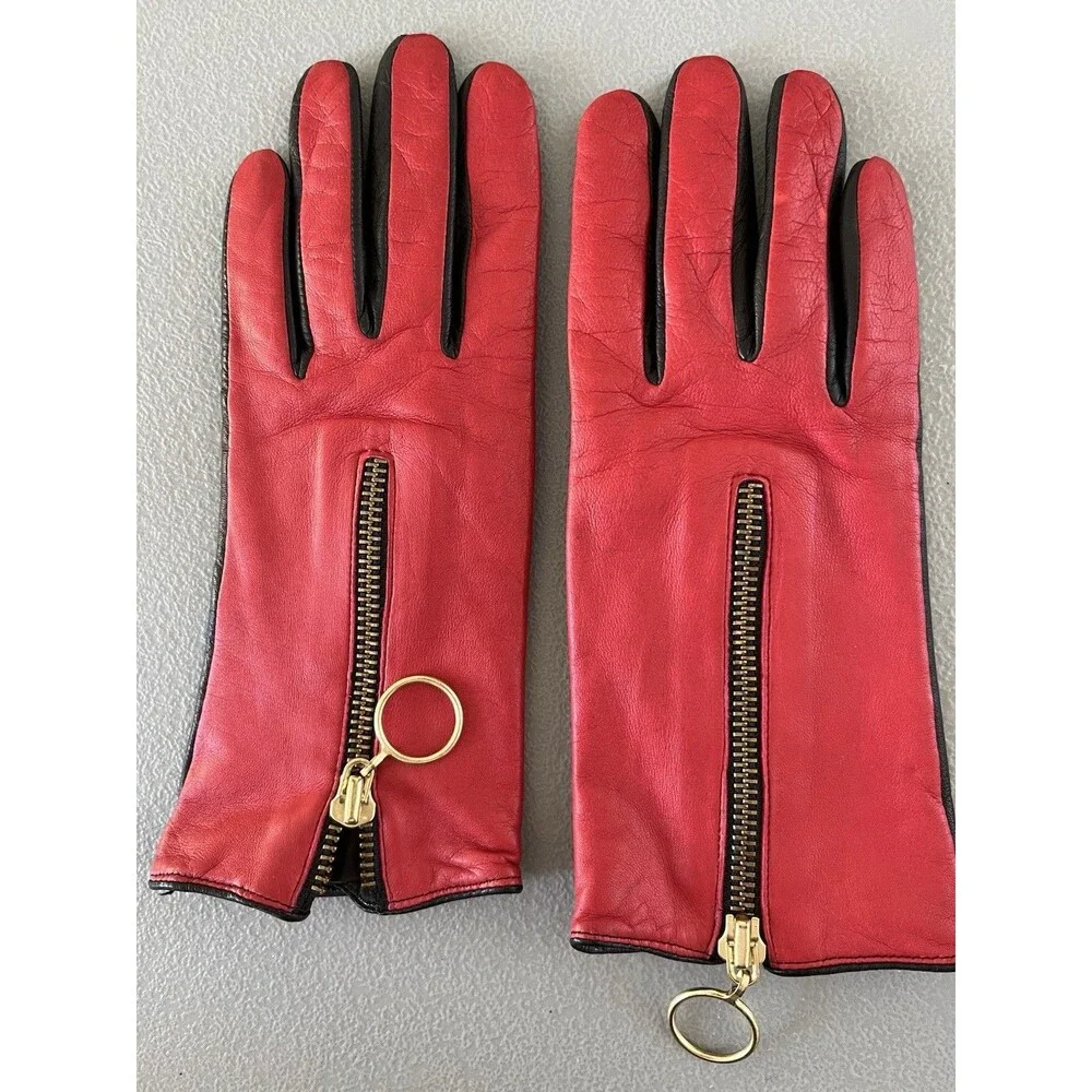 Kate Spade New York Women’s Gloves 6.5 Red & Black Soft Leather Gold Zipper Ring